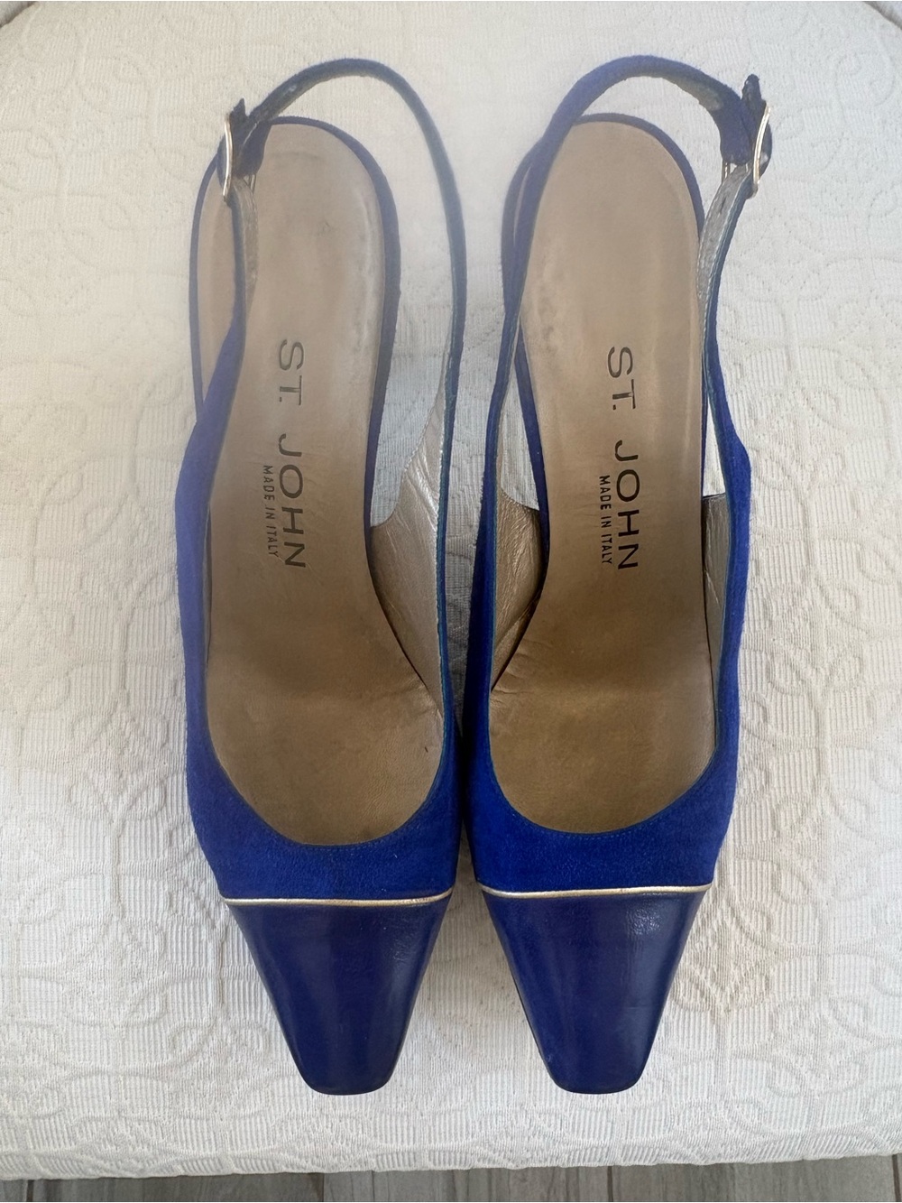 St. John Royal Blue Suede & Leather Slingback Pumps with Gold Trim